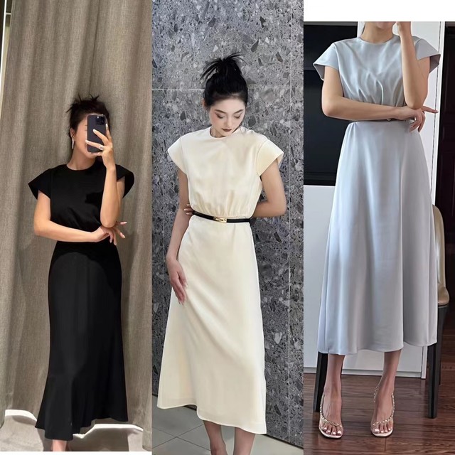 2025 Spring and Autumn New Fashion Short Sleeve Tightening Bands and Hip Long Skirt Round Neck Heavy Silk Slim Dress for Women
