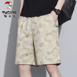 Woodpecker Print Shorts for Men, Pure Cotton, Summer Five-Point Beach Shorts, 2026 New Trendy Brand Casual Outerwear Half-Leg Mid-Length Pants