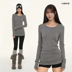 Gray Inner Layer Round Neck Mid-Length T-Shirt That Covers the Hips, Regular Shoulder Long Sleeves, Slim Fit Base Shirt, Popular High-End Top