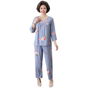Spring and Autumn plus size cotton silk pajamas for women in summer, thin long sleeved cotton silk two-piece set for middle-aged and elderly people, artificial cotton home clothes