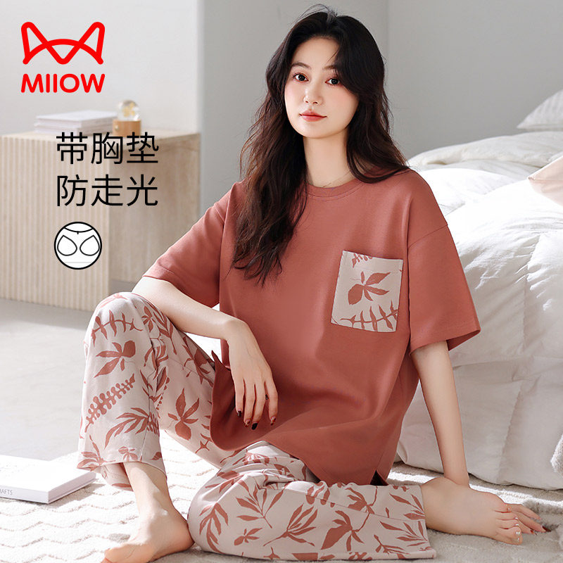 Женская пижама Catman — летняя с накладкой на грудь, брюки из чистого хлопка с короткими рукавами, женский тонкий летний комплект домашней одежды