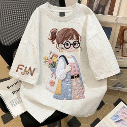 Heavy Weight 320g Pure Cotton Printed New Style Women's Short-Sleeved T-Shirt with Imitation Embroidery Cute Girl Wearing Glasses Women's Top
