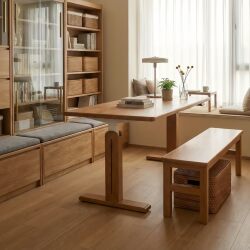 Electric Adjustable Computer Desk, Solid Wood Large Board Desk for Living Room, Study, Home Office, Natural Wood Style Workbench