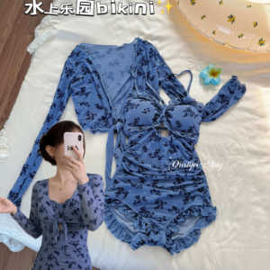 
<Floral>Slim and conservative hot spring one-piece swimsuit women's long-sleeved cover-up island beach resort water park