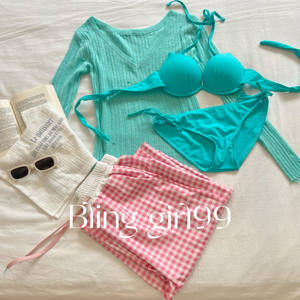 
[Mint Mambo] Careful hollow V-neck thin blouse with holes, waisted long-sleeved bikini, three-piece swimsuit