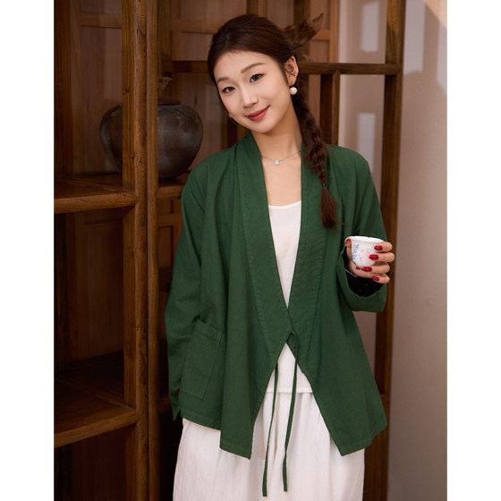 照本堂冬新款舒适棉麻上衣女高端系带汉服复古国风茶服21支W1359