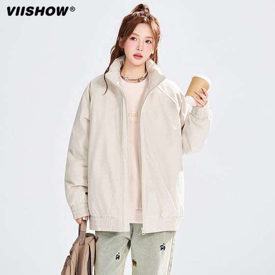 
VIISHOW trendy brand winter simple splicing thickened stand collar cotton coat for men and women retro couple loose warm cotton coat