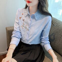 Spring and Autumn 2026 New Fashion Embroidered Pure Cotton Fleece-Lined Shirt for Women, Long-Sleeved All-Cotton Shirt, Stylish Top for Ladies