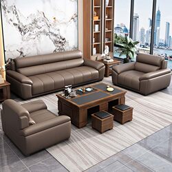 Office Sofa and Coffee Table Set for Reception and Negotiation, Simple Modern Chinese-Style Business Living Room, Leather Three-Seater