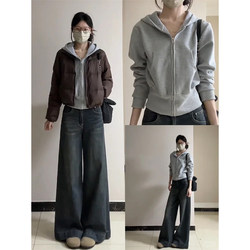 Gray Hooded Sweatshirt Jacket for Women, Spring Slim-Fit Short Top, Early Spring Outfit, American-Style Zip-Up Cardigan