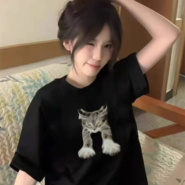 American fashion brand black short-sleeved T-shirt for women cartoon design niche 2025 new round neck straight shoulder pure cotton top