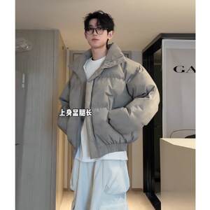 
American retro trendy brand short down jacket for men in winter loose dirty bread coat for couples warm stand collar cotton coat for men