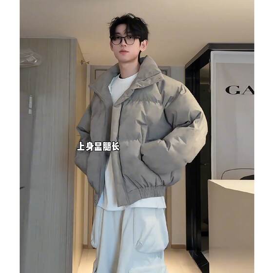 
American retro trendy brand short down jacket for men in winter loose dirty bread coat for couples warm stand collar cotton coat for men