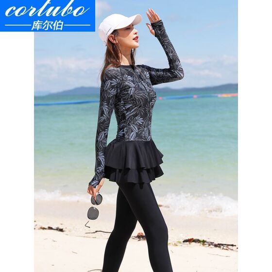 
Swimsuit for women, one-piece f-skirt style, belly-covering, slimming, long-sleeved trousers, hot spring couple swimwear, conservative diving 1118