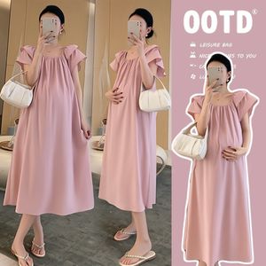 
Maternity wear summer fashion fashion small flying sleeves square neck dress 2024 new simple pregnancy skirt summer maternity skirt