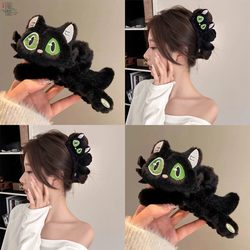Black Cute Cat with Different-Colored Eyes Plush Hair Clip for Women 2025 Autumn and Winter New Style Back-Of-Head Hair Clip Shark Clip