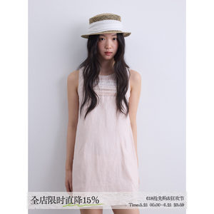 
aww 100% linen pink lace sleeveless dress round neck stitching hollow A-line loose long skirt spring and summer