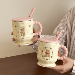 Ins-Style Cute Bear Ceramic Mug with Lid and Spoon, High Aesthetic Design, Practical for Breakfast Coffee and Milk