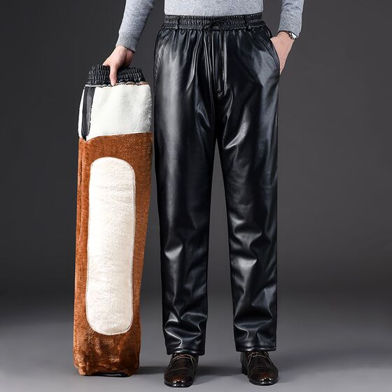 Leather pants men with velvet thick windshield, warm waterproof locomotive riding wear -resistant middle -aged and elderly labor insurance work installed cotton pants