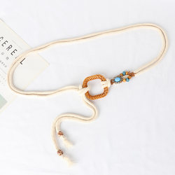 Youthful Retro Linen Woven Cotton Rope Belt for Women, Decorative Dress with Shell Accessories, Knotted Ethnic Style Waist Belt