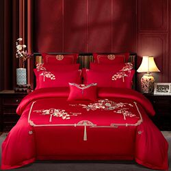 Sheets and quilt covers, wedding dowry color bedding, embroidery, wedding four-piece set, red wedding room, dragon and phoenix in auspiciousness