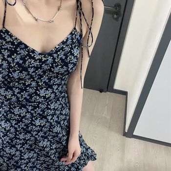 Slightly fat girl French platycodon floral suspender dress women's summer design waist slimming a-line skirt