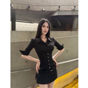 
BETTER ME mid-sleeve suit collar shirt fishbone top customized with lower breast buttons + upper buttons with snap buttons