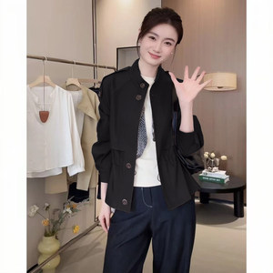 
Retro single-breasted small stand-up collar jacket women's black coat spring and autumn style adjustable waist drawstring slim short windbreaker