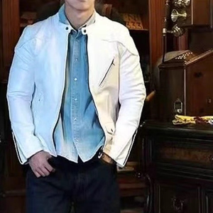 
White horsehide Venom. American khaki retro distressed men's genuine leather stand collar classic short leather jacket