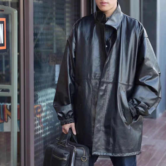 
Large wide version stand collar windbreaker. Men's spring and autumn fat people large size wide version casual business goatskin mid-length coat