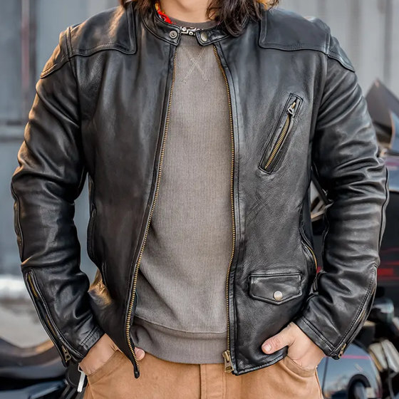 
Sheepskin Venom. Men's heavy washed retro distressed spring and autumn multi-color stand-up collar motorcycle jacket leather jacket