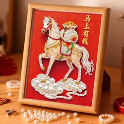 DIY Pearl Painting for Immediate Wealth, Handmade Creative Desktop Decoration for the Year of the Horse, Gift for Friends, Self-Adhesive Painting