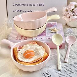 Cream-Colored Tableware Ceramic Handle Spoon Household High-Temperature Resistant Single-Serving Cream Instant Noodle Rice Bowl Set I