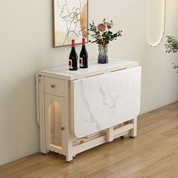 Solid wood folding dining table for small household apartment movable storage creamy stone slab rectangular dining folding table