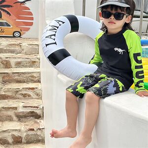 Boys long-sleeved shorts split swimsuit set children's two-piece set big children hot spring swimming fluorescent green dinosaur trend