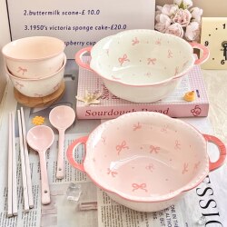 Cute Bowknot Double-Handle Large Soup Bowl Ceramic Household Large Capacity Instant Noodle Bowl Ins-Style Snail Noodle Bowl High Temperature Resistant