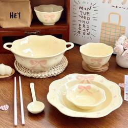Vintage French-Style High-Appearance Relief Bowknot Household Single-Serving Underglaze Color Plate Soup Bowl Rice Bowl Dinnerware Set