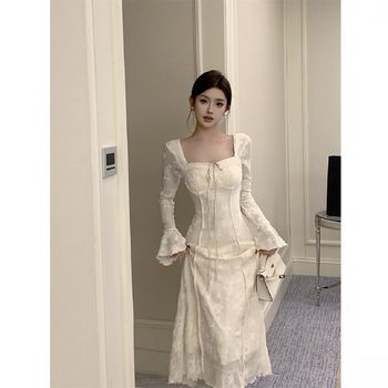 Plus size fat mm Zen new Chinese style velvet thickened waist white lace dress women's autumn and winter temperament long skirt