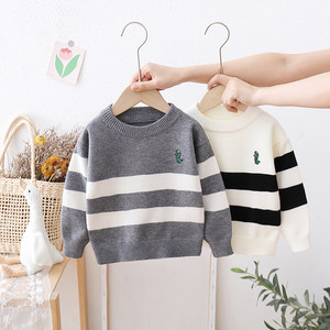 
Children's sweater, boy, boy round neck pullover, autumn and winter children's striped contrasting color baby loose base knitted sweater