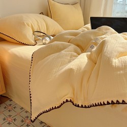 High-End Cotton Crinkle Yarn Four-Piece Bedding Set, Pure Cotton Bed Sheet, Duvet Cover, Fitted Sheet, Solid Color Simple Dormitory Three-Piece Set