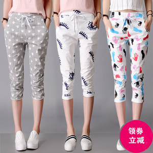 Cotton and linen seven -footed pants, Xia Song, tight waist, casual elasticity, lean printed pants pure cotton thin Harem pencil pants
