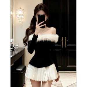 
Lan Xiduo French gold-tone black and white stitching furry one-shoulder dress women's new A-line pleated skirt