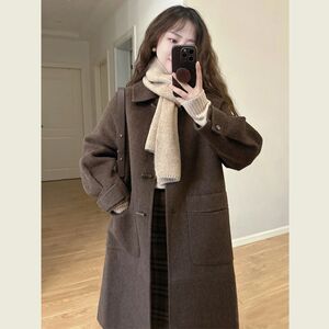 
High-end brown tweed coat for women in autumn and winter 2024 new Korean mid-length loose small tweed coat