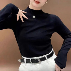 
2023 autumn and winter new high-end stand collar solid color inner layer good looking temperament versatile sweater sweater top for women