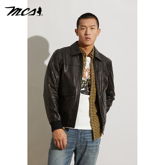 
MCS men's clothing comes from Marlboro's autumn simple casual fit version short lapel sheep leather jacket