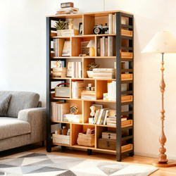 Bookshelf Floor-Standing Storage Rack Trendy Grid Bookcase Storage Cabinet Integrated Wall-Mounted Home Children's Living Room Steel-Wood Bookshelf