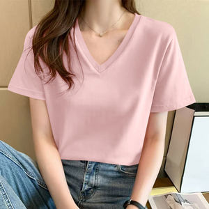 
Pure cotton short-sleeved T-shirt for women, summer fashion, casual, versatile, simple solid color V-neck, slim, loose design top for women