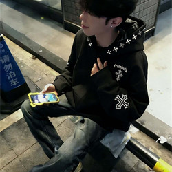 Trendy Men's American High Street Heavy-Duty Hooded Fleece-Lined Thickened 2026 Winter Black Embroidered Jacket for Teenagers