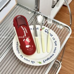 Stainless Steel Spoon, Chopsticks, and Fork Single-Person Three-Piece Cutlery Set Cartoon ins Style Portable Cutlery Box with Storage for Takeout Meals
