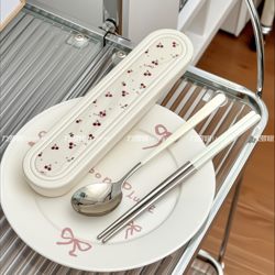 304 Stainless Steel Cream White Spoon, Fork, and Chopsticks Outdoor Portable Cutlery Set ins Style Cutlery Student School Cutlery Box
